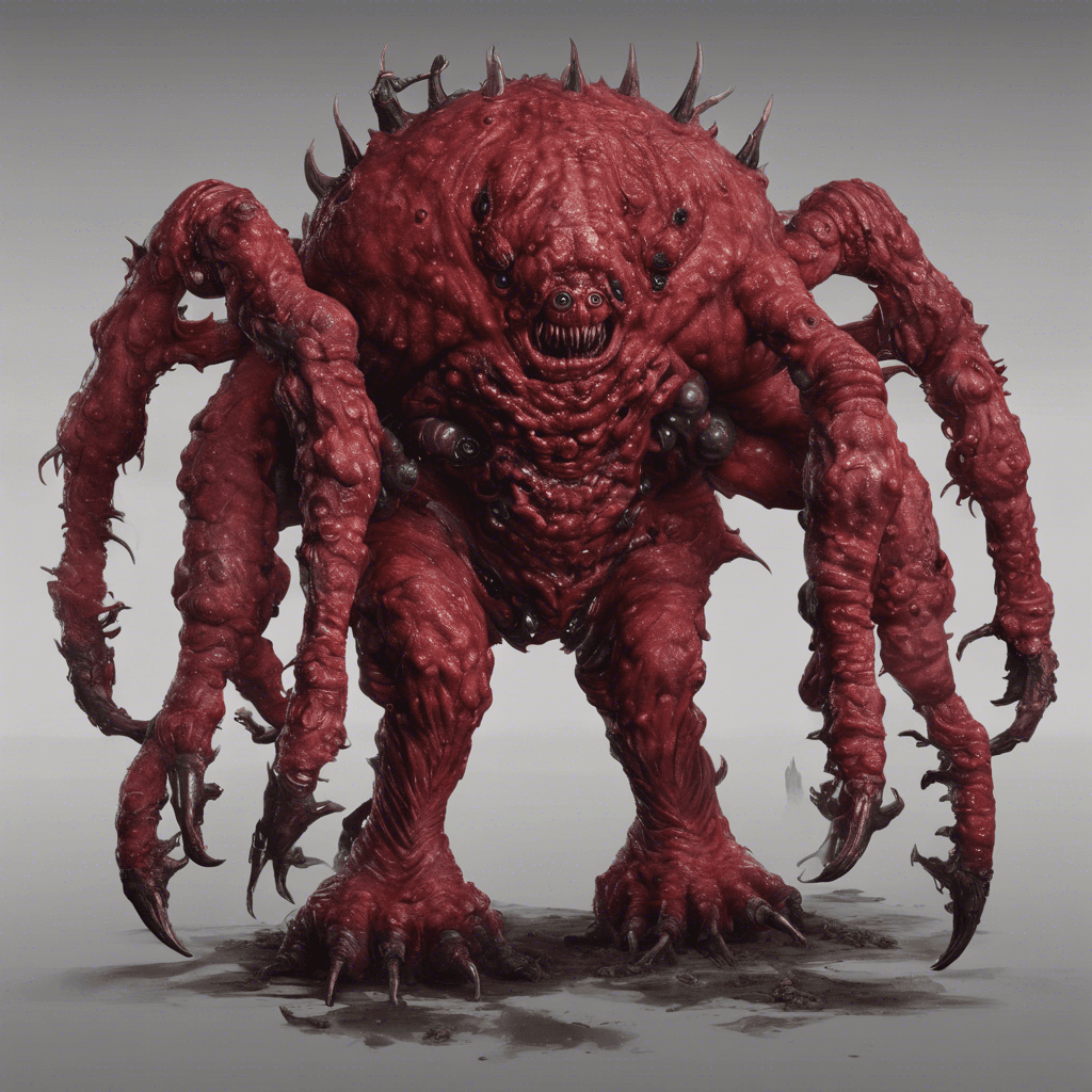 The Zygon Marauder is a brutally imposing figure with a chitinous exoskeleton, deep crimson in color, standing on six spindly legs. It has multiple oozing eyes distributed asymmetrically across its grotesque, pulsating head, and its clawed appendages glisten with corrosive venom.