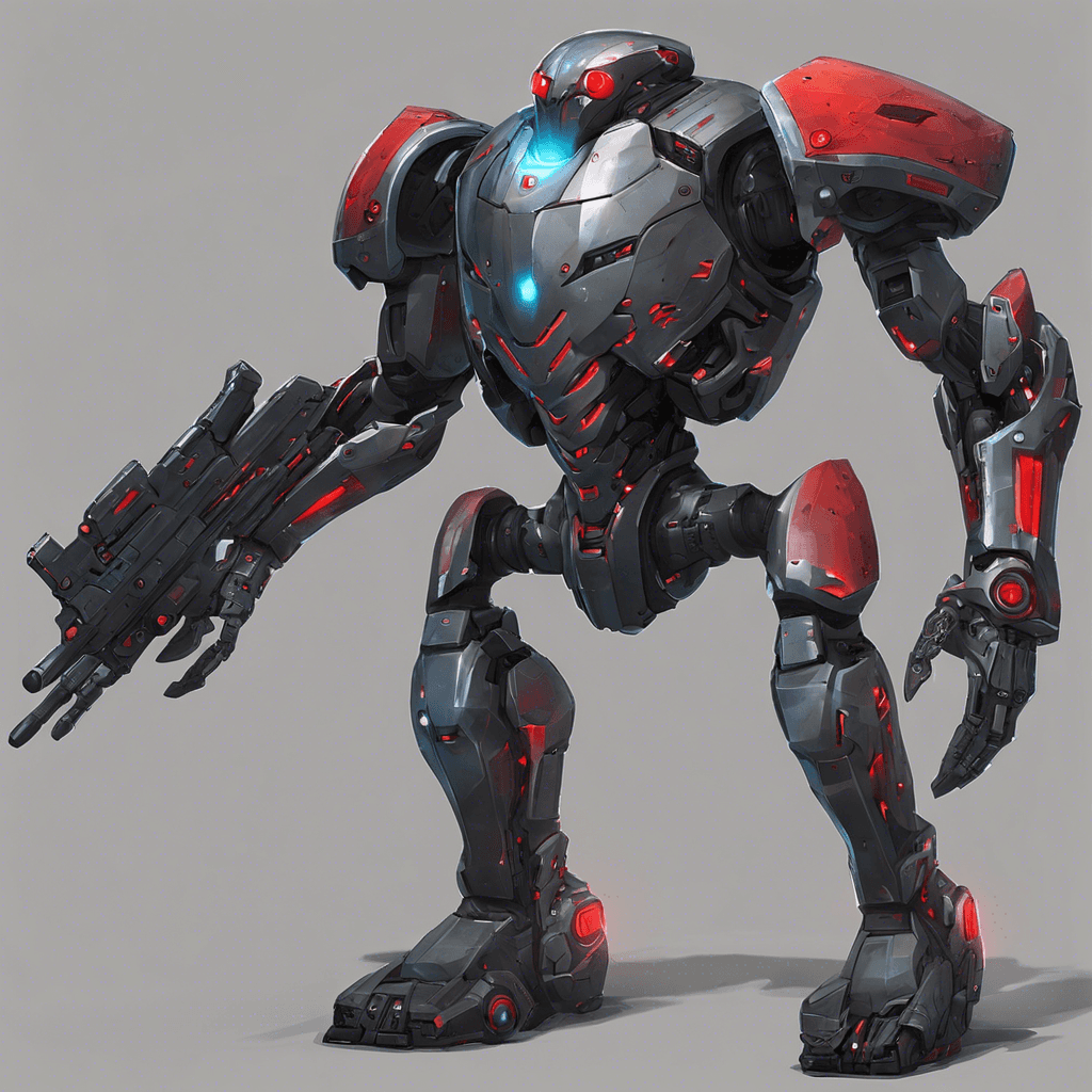 The Cyber Sentinel is a heavily armored android with glowing red eyes and an array of integrated weapons. Its metallic body is covered in sleek cybernetic enhancements, making it a formidable opponent in both physical and digital combat. It moves with uncanny precision and efficiency, ready to defend the AI's fortress at all costs.