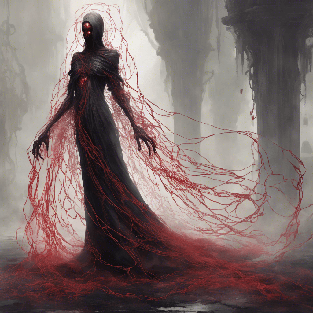 Ethereal wraith, shifting shadows forming a humanoid silhouette; eyes gleam crimson, spectral chains dangle from withered hands.