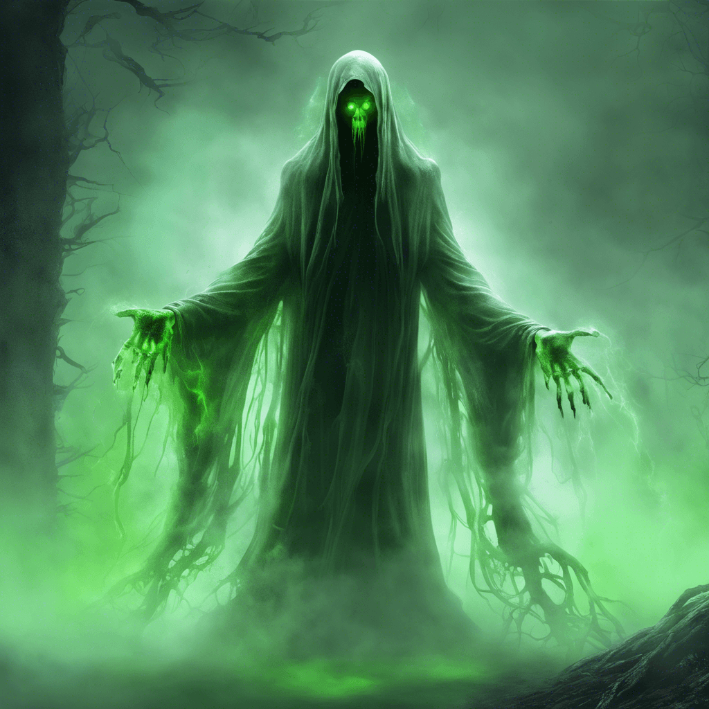 The Phantasmal Specter is a ghostly figure that glows with an eerie green light, its form constantly shifting and distorting as if it is made of mist. It emits a chilling aura of dread that makes your bones feel cold and your mind uneasy.