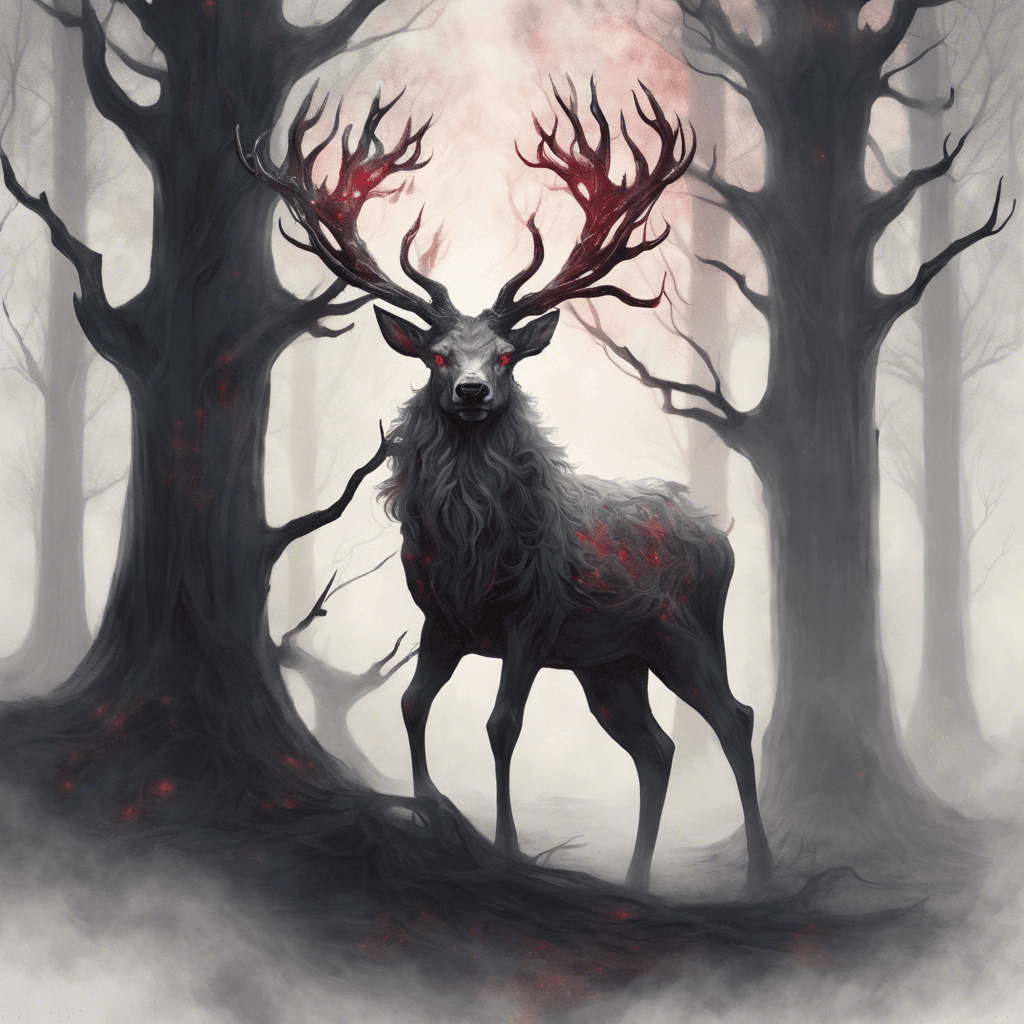 A spectral stag with a shimmering, translucent body and piercing crimson eyes that glow like smoldering coals. Ethereal antlers branch out, reaching into the sky like gnarled tree limbs, and each step it takes leaves a misty trail of shadow energy in its wake.