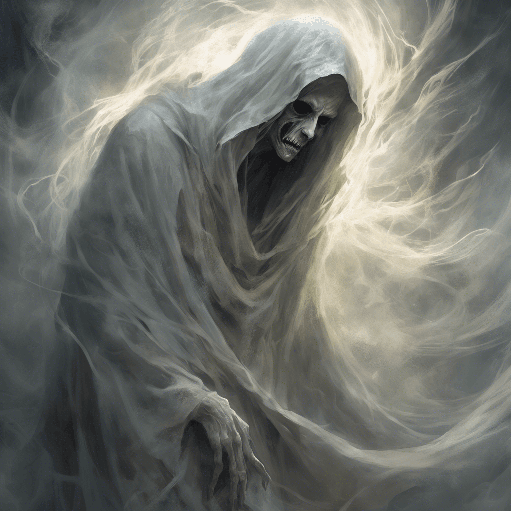 A ghostly figure with tattered, ethereal robes that flow and twist as if caught in a perpetual wind. Its ghastly pale face is twisted in an eternal expression of anguish and rage, and its eyes glow with an otherworldly light.