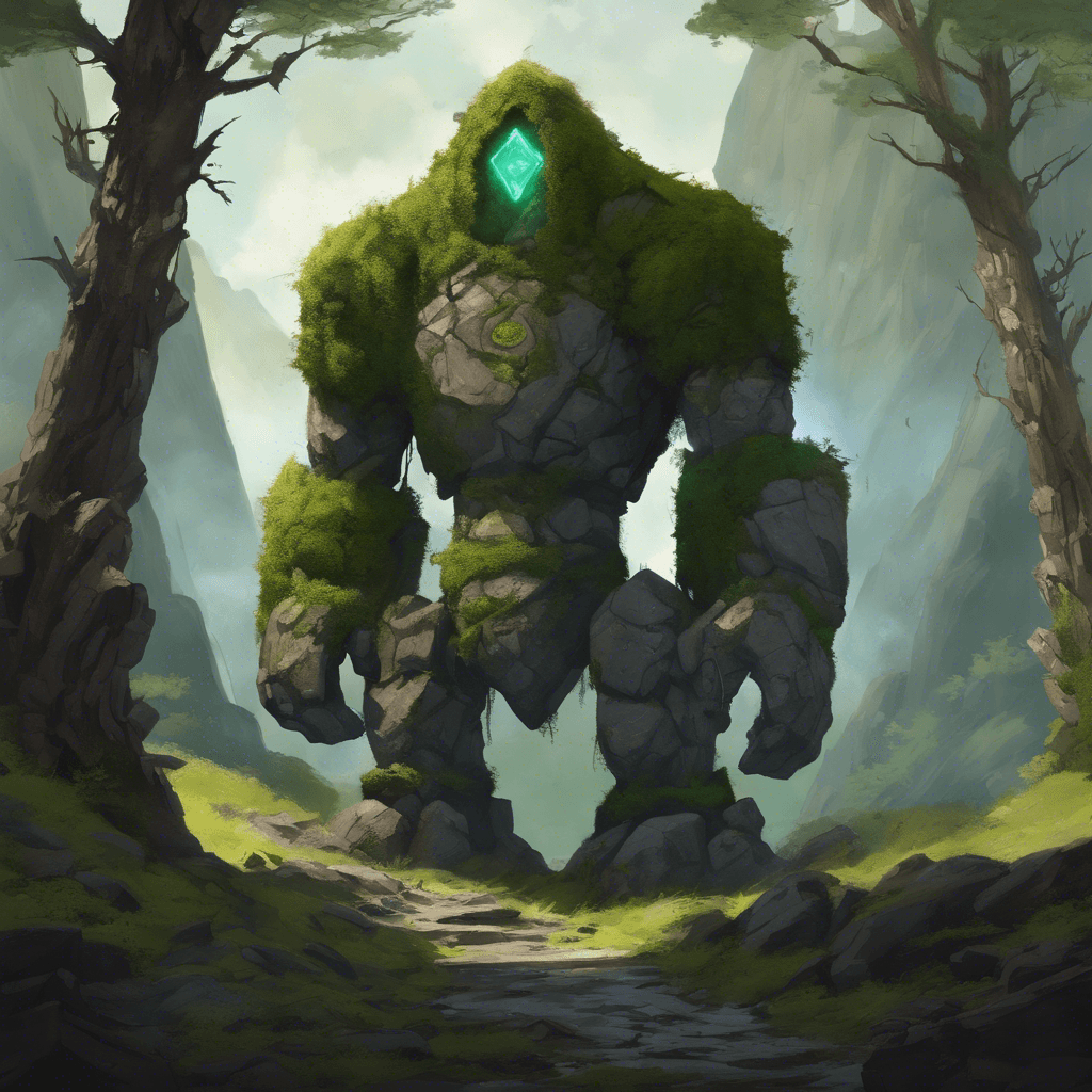 A giant stone golem stands guard, with moss-covered rocky limbs, a glowing rune on its forehead, and eyes that burn with a mysterious inner light. Its body seems to be composed of the same stones that form the walls of Stoneheart Mountain.