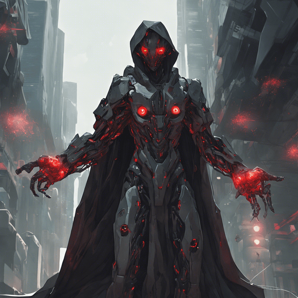 A humanoid figure shrouded in a digital camouflage cloak that flickers with static. Its eyes are glowing red orbs behind a featureless black visor. Cybernetic enhancements are visible on its limbs, augmented for assassinations.