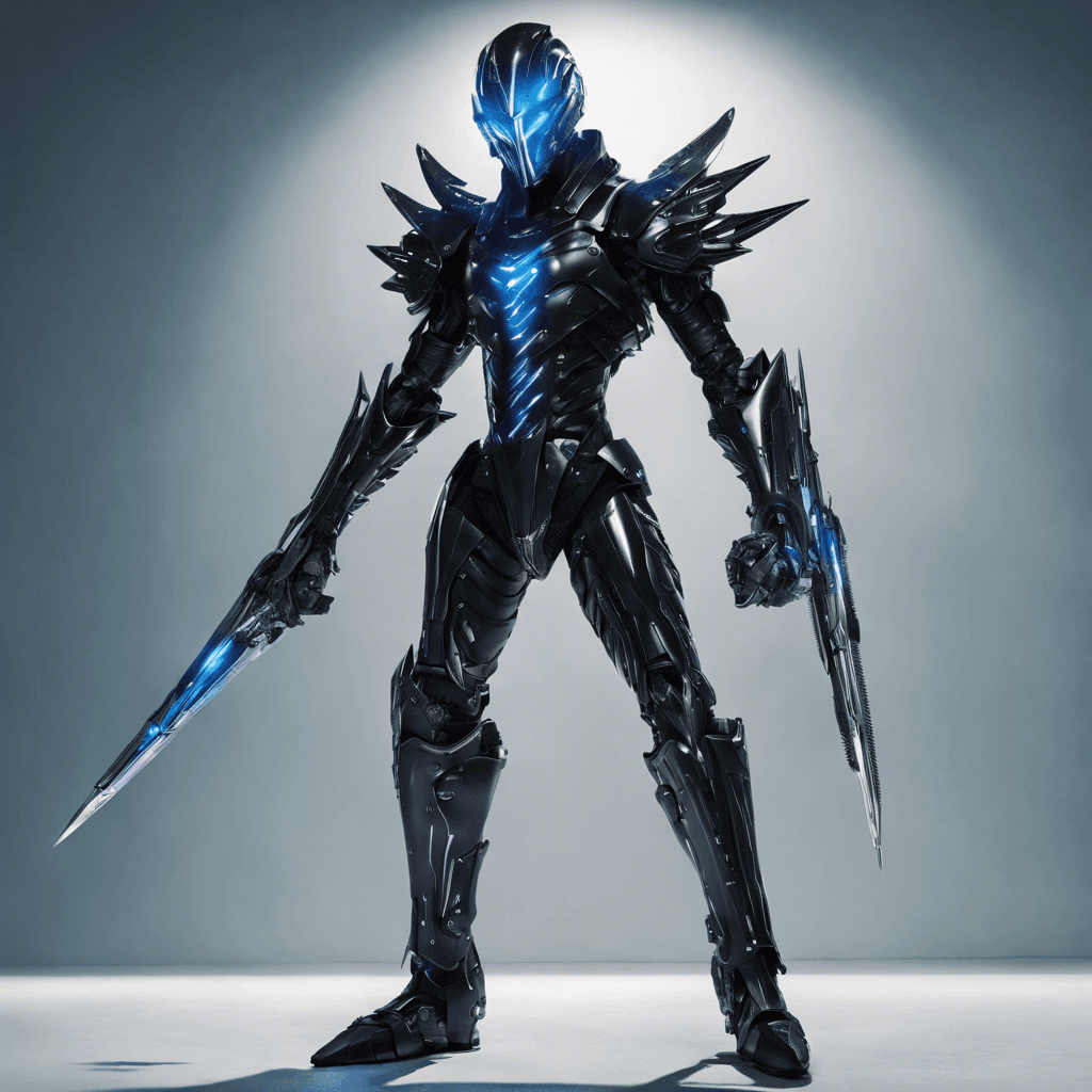 A towering figure clad in black synth-leather armor, glistening with sharp chrome enhancements. Eyes are hidden behind a visor emitting a cool blue light, and one arm has been completely replaced with a mechanical limb culminating in an array of lethally sharp blades.