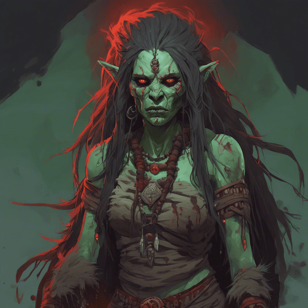 A once-noble orc woman, turned into a necromancer with pale green decaying skin, glowing red eyes, and tattered tribal shaman garments. She has long, unkempt hair, and her hands glow with a sinister dark energy, hinting at her ability to raise the dead and command the shadows.