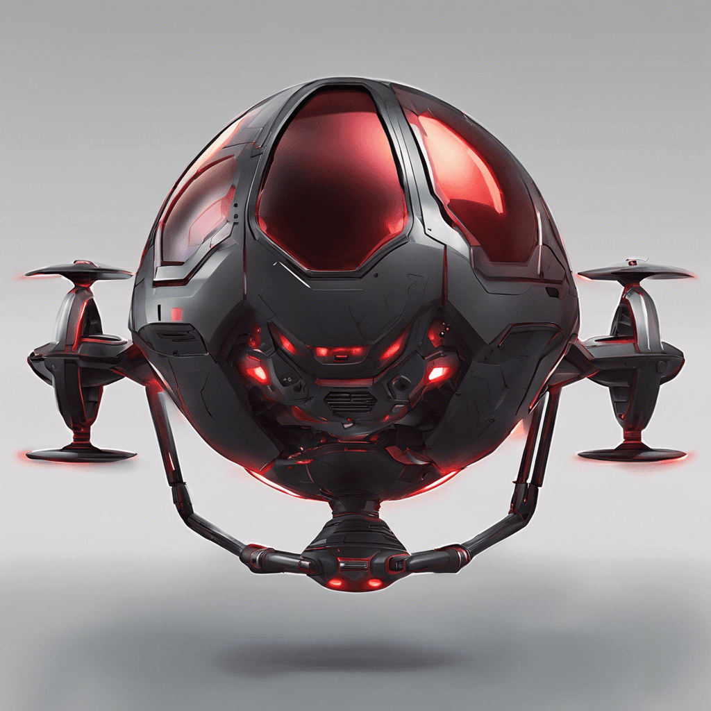 A metallic drone with a sleek, spherical body. It hovers silently, with multiple red optical sensors glowing ominously. It's equipped with retractable armaments and a rotating underbelly that houses lethal energy weapons.