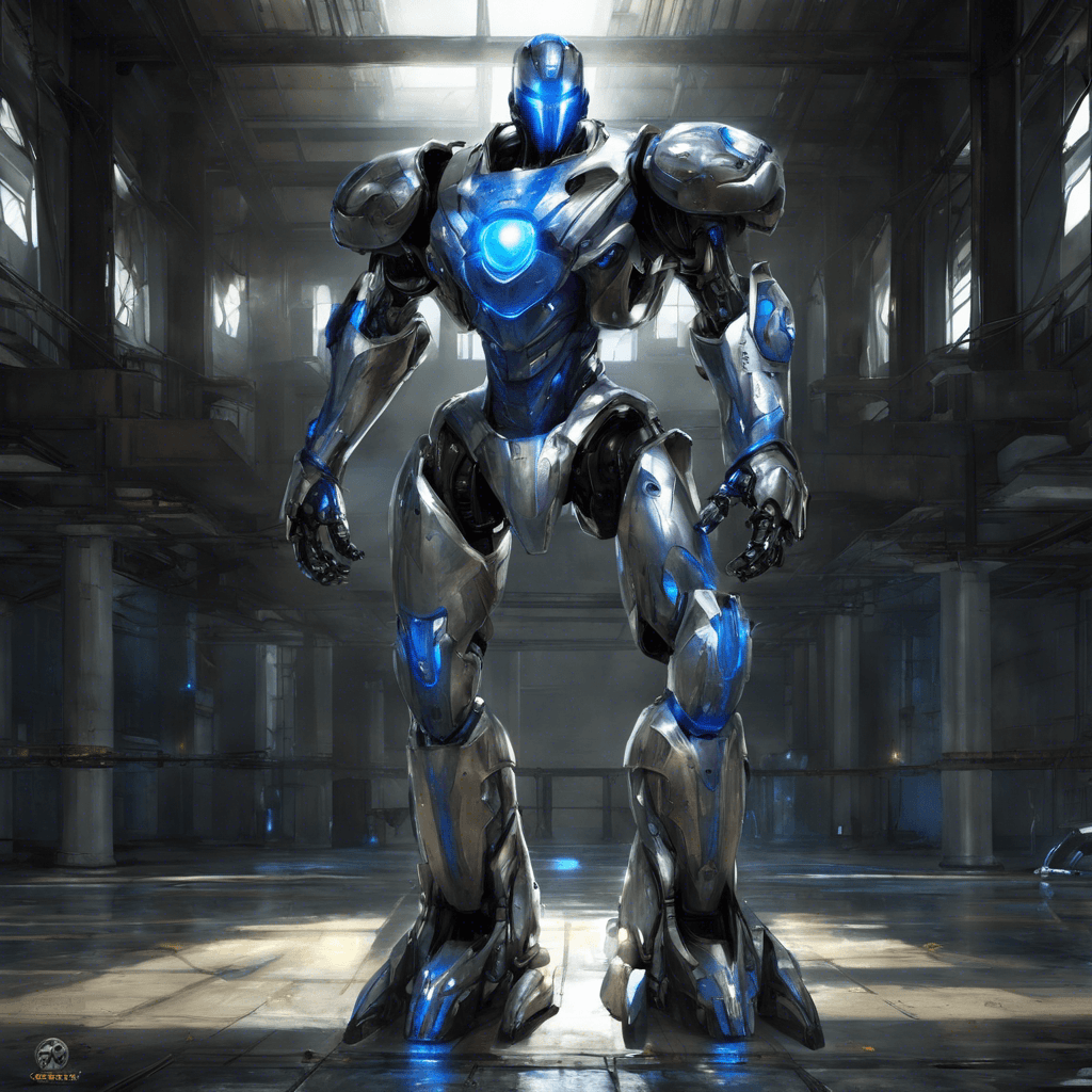 The Nexus Prime Guardian is a towering humanoid robot, covered in sleek metallic armor adorned with glowing blue symbols. Its eyes flicker with malevolent intelligence, and its limbs move with precision and speed. Built to protect the facility from intruders, it emits a low hum as it approaches, ready to engage in combat.