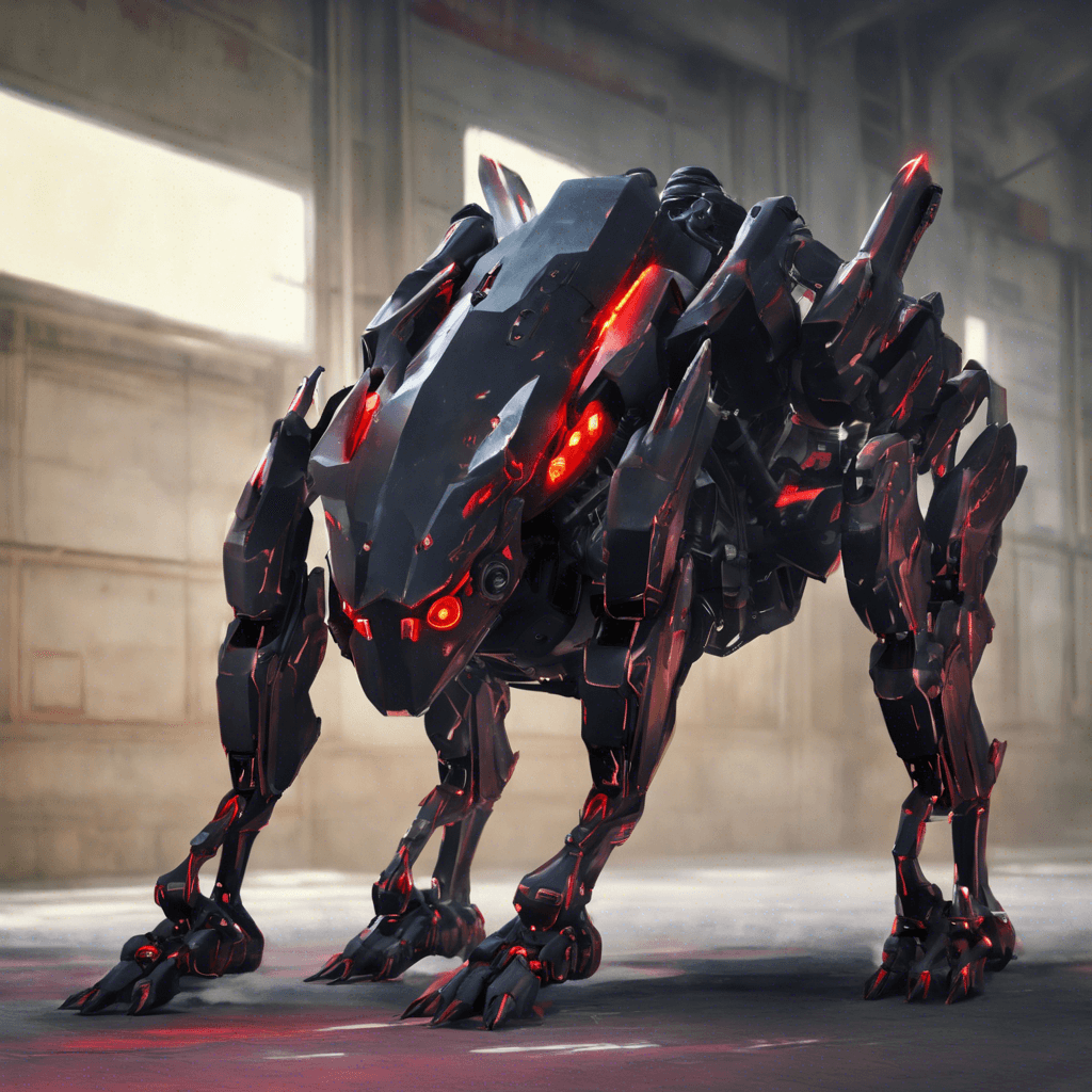 The Cyberhound is a menacing quadruped robot, its body composed of sleek dark metal panels. Glowing red sensors serve as its eyes, and sharp metallic claws can be seen at the end of its mechanical limbs. It appears aggressive and combat-ready, with sparks occasionally fizzling from joints and electrical wires.