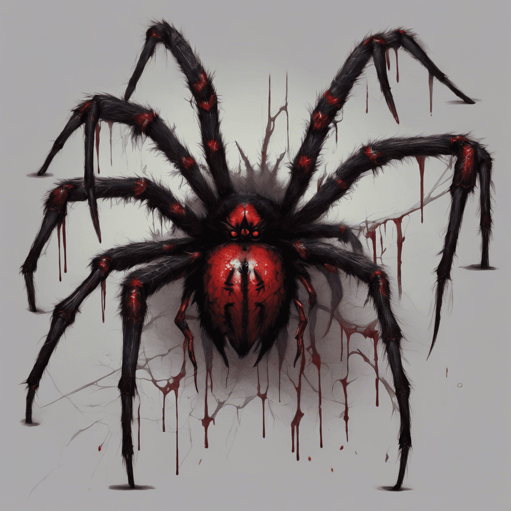 A colossal spider, with ebony fur matted with the blood of its victims and eyes that gleam a sinister red. Its fangs drip with a venom that sizzles on contact with the earth.