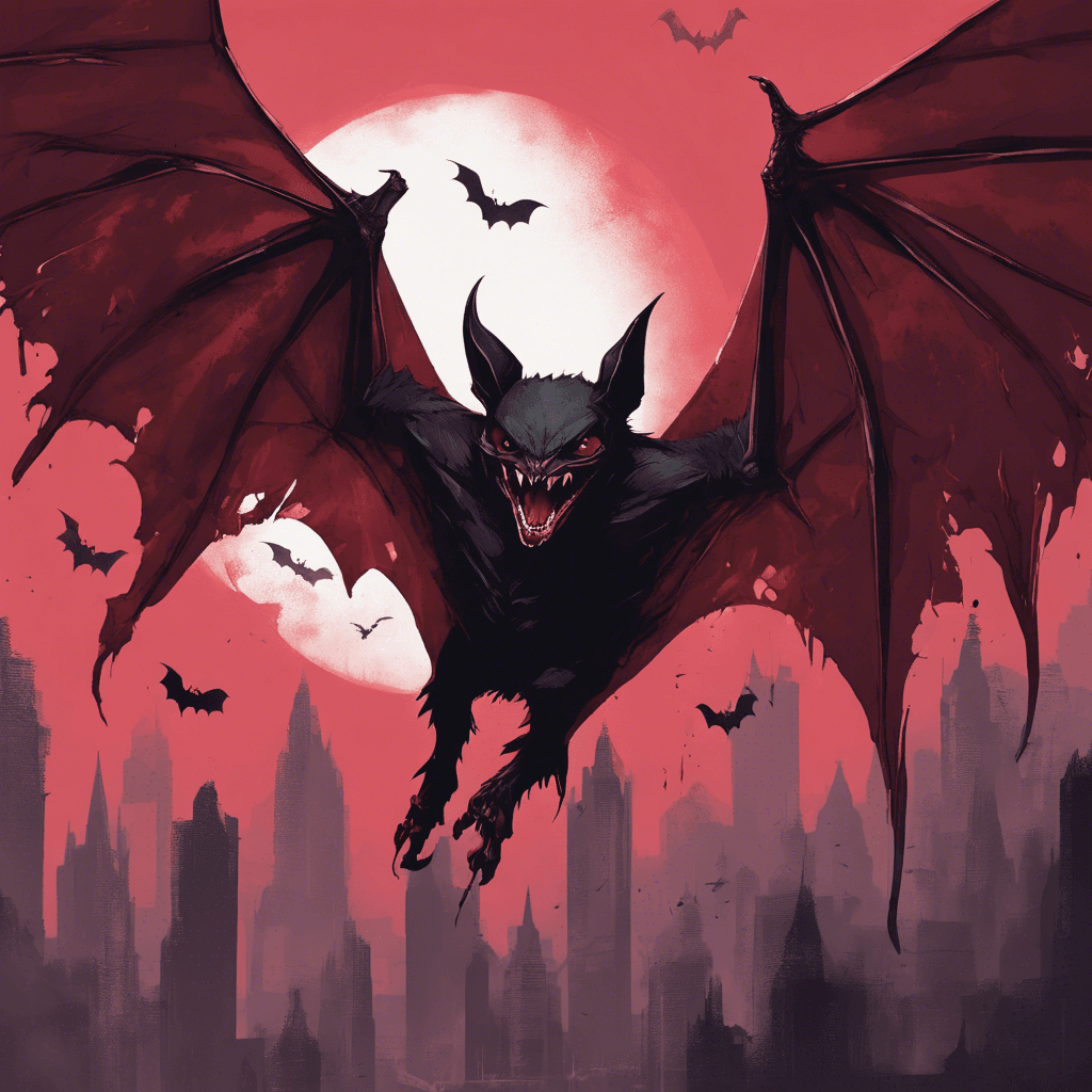 A colossal bat with dark, tattered wings that absorb the light around it, eyes that gleam with a haunting crimson hue, and jagged fangs dripping with venom.