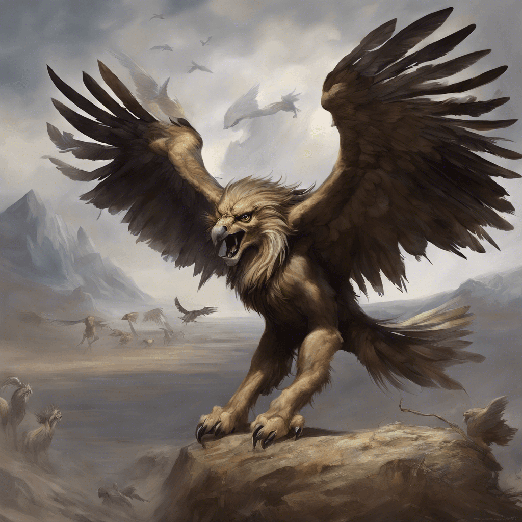 A prowling griffon with the body of a lion, wings of an eagle, and a beak sharp as a sword. Its eyes glint with a feral hunger, feathers matted with the remnants of previous hunts.