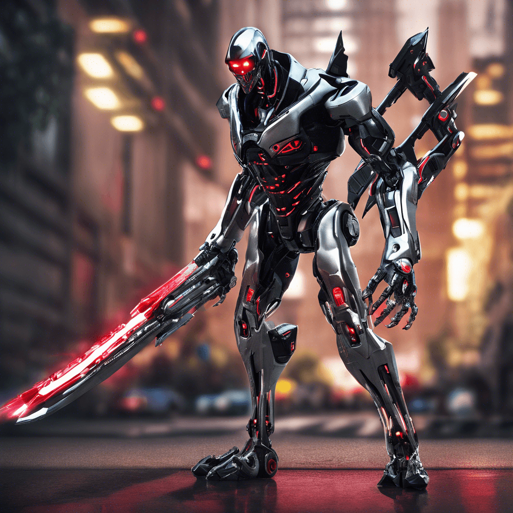 The Cyber Reaper is a sleek and deadly robotic assassin, standing at over 7 feet tall with a body covered in gleaming chrome plating. Its glowing red eyes pierce through the darkness, scanning for its next target. Equipped with razor-sharp blades and advanced targeting systems, it moves with chilling precision and speed.