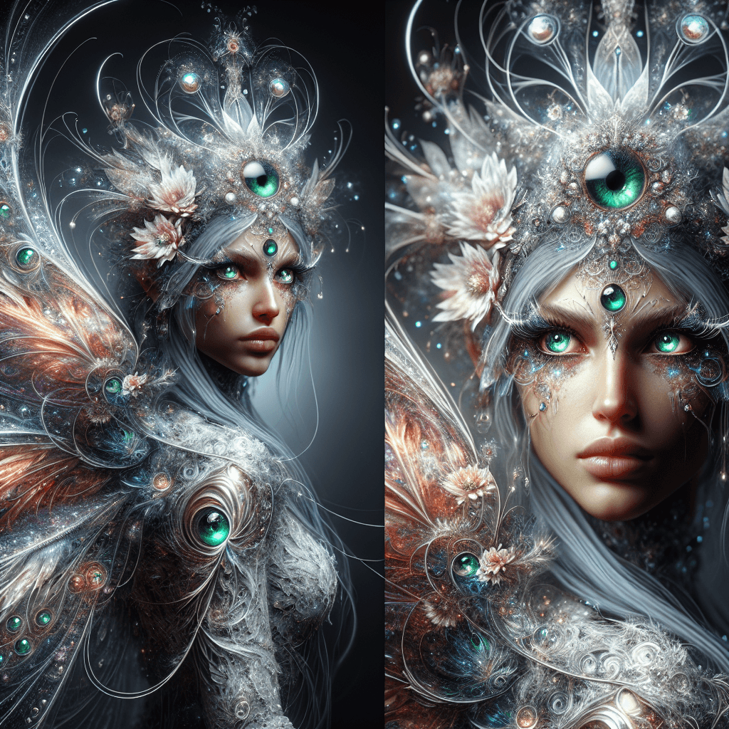 Isylla appears ethereal, with gossamer wings that shimmer in a kaleidoscope of colors. Her eyes, a piercing emerald green, gleam with ageless wisdom. She wears a crown of intertwined silver and flowers, and her bearing is regal, commanding the presence of a true sovereign of the fey.