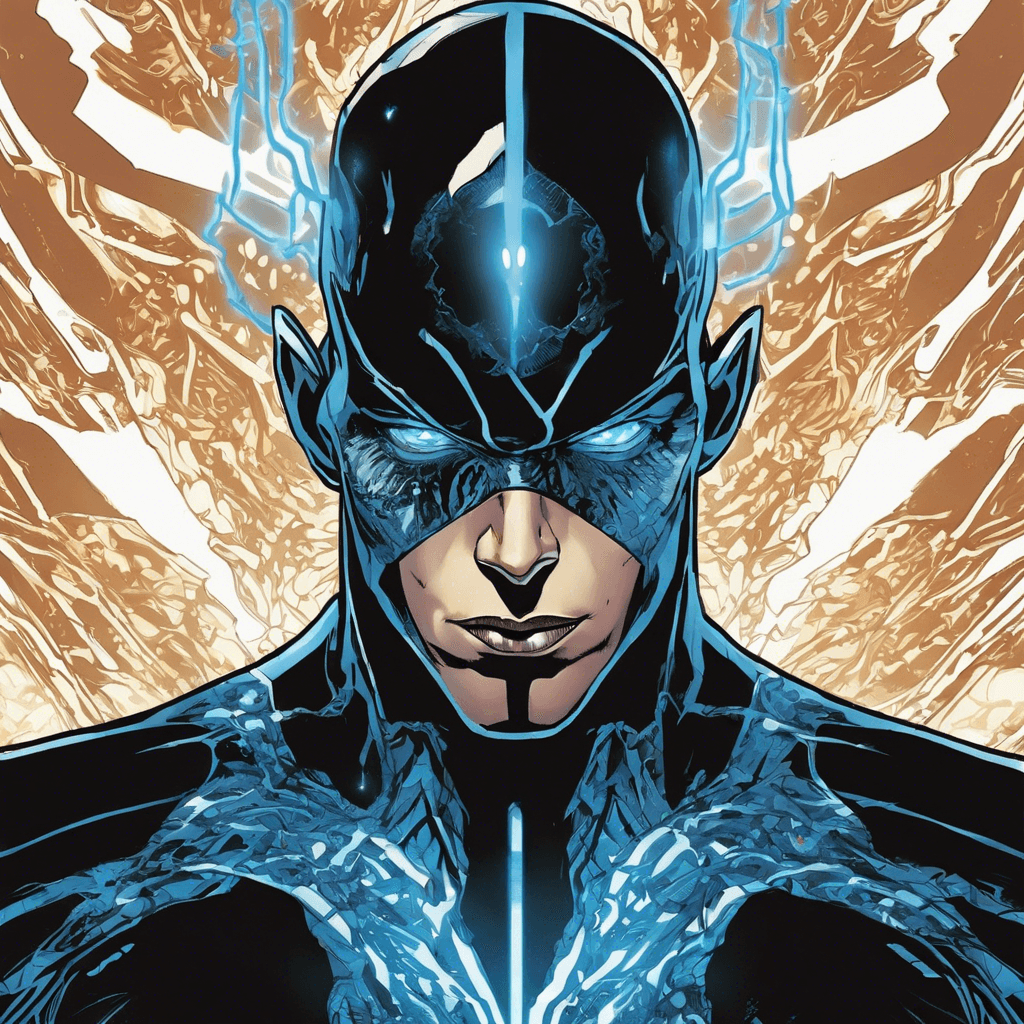 Mindshock is a telepathic villain who can manipulate thoughts and emotions, wearing a sleek black costume with glowing blue patterns that pulse with energy. His piercing blue eyes seem to see into your very soul, instilling fear and doubt.