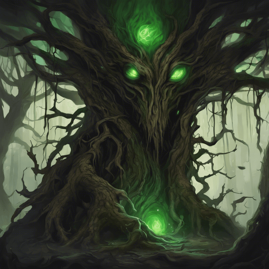 A massive, gnarled treant with bark as dark as midnight and eyes that glow with a haunting green light. Its limbs are twisted and lined with thorns, and its roots seem to seep into the shadows themselves.