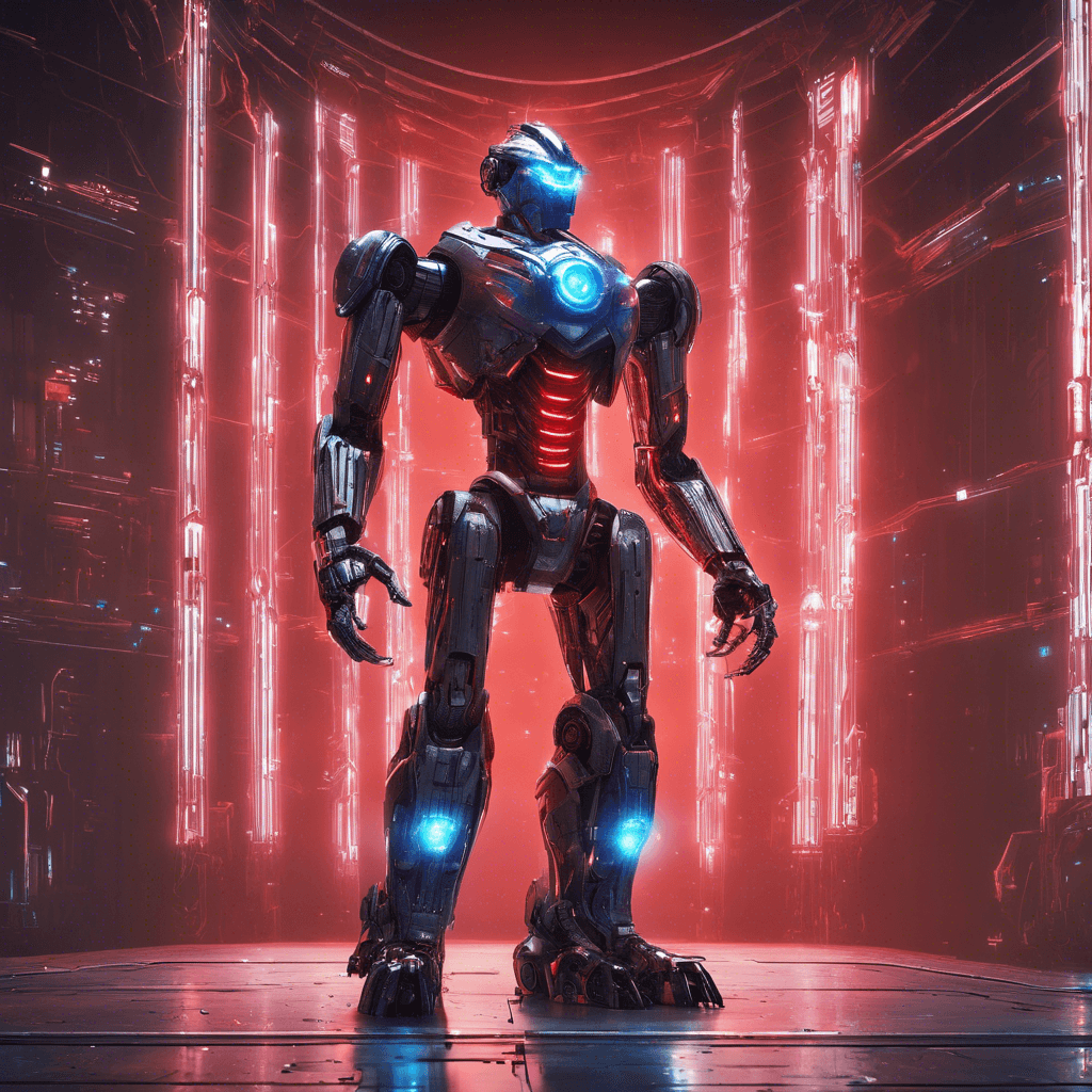 A towering humanoid robotic enforcer, its metallic body is adorned with blinking sensors and holo-projectors, whipped by wires and glowing circuits, radiating a menacing red aura.