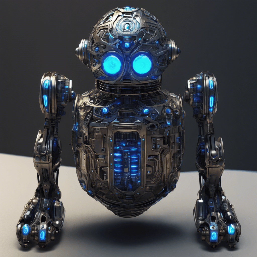 A sleek, dark metal droid with glowing blue eyes and intricate pulsing circuits etched into its chassis. It stands imposingly, equipped with temporal displacement arms and shimmering energy shields.