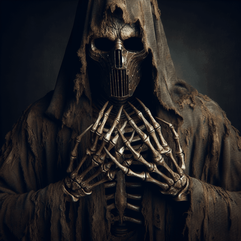 A towering figure draped in tattered robes, its gaunt visage barely contained by a rusted iron mask. Skeletal hands extend from ragged sleeves, crackling with eldritch energy.