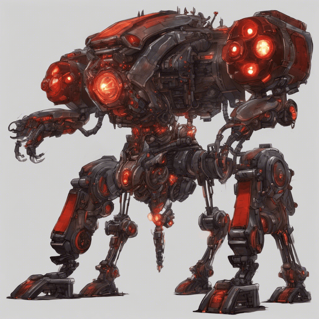 A towering mechanical construct with a hard metallic exoskeleton studded with glowing red sensors, and armed with energy-bladed appendages and a mounted plasma cannon.