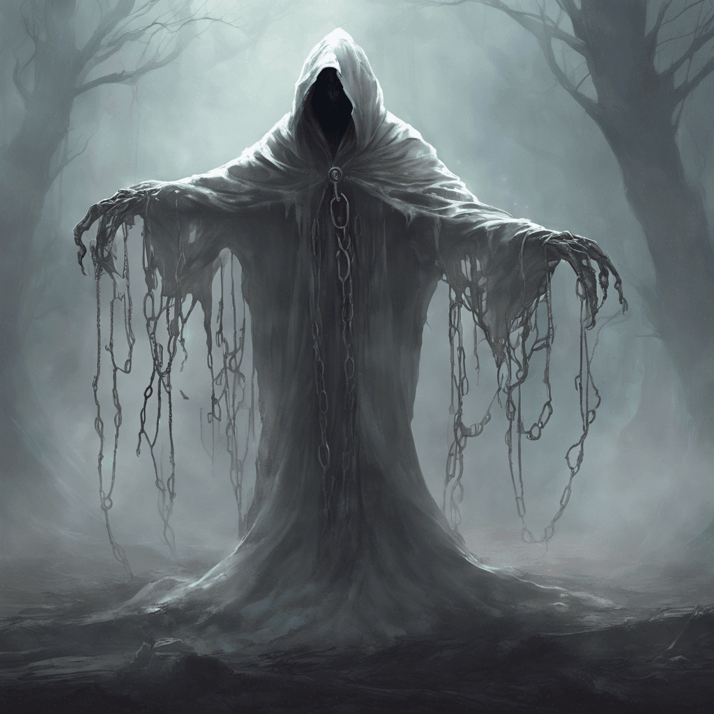 A chilling ethereal entity draped in tattered robes, its face hidden under a hood. It floats above the ground, its limbs long and twisted, hands ending in sharp, claw-like fingers. Ethereal chains clank as it moves, and a haunting glow emanates from its hollow eye sockets.