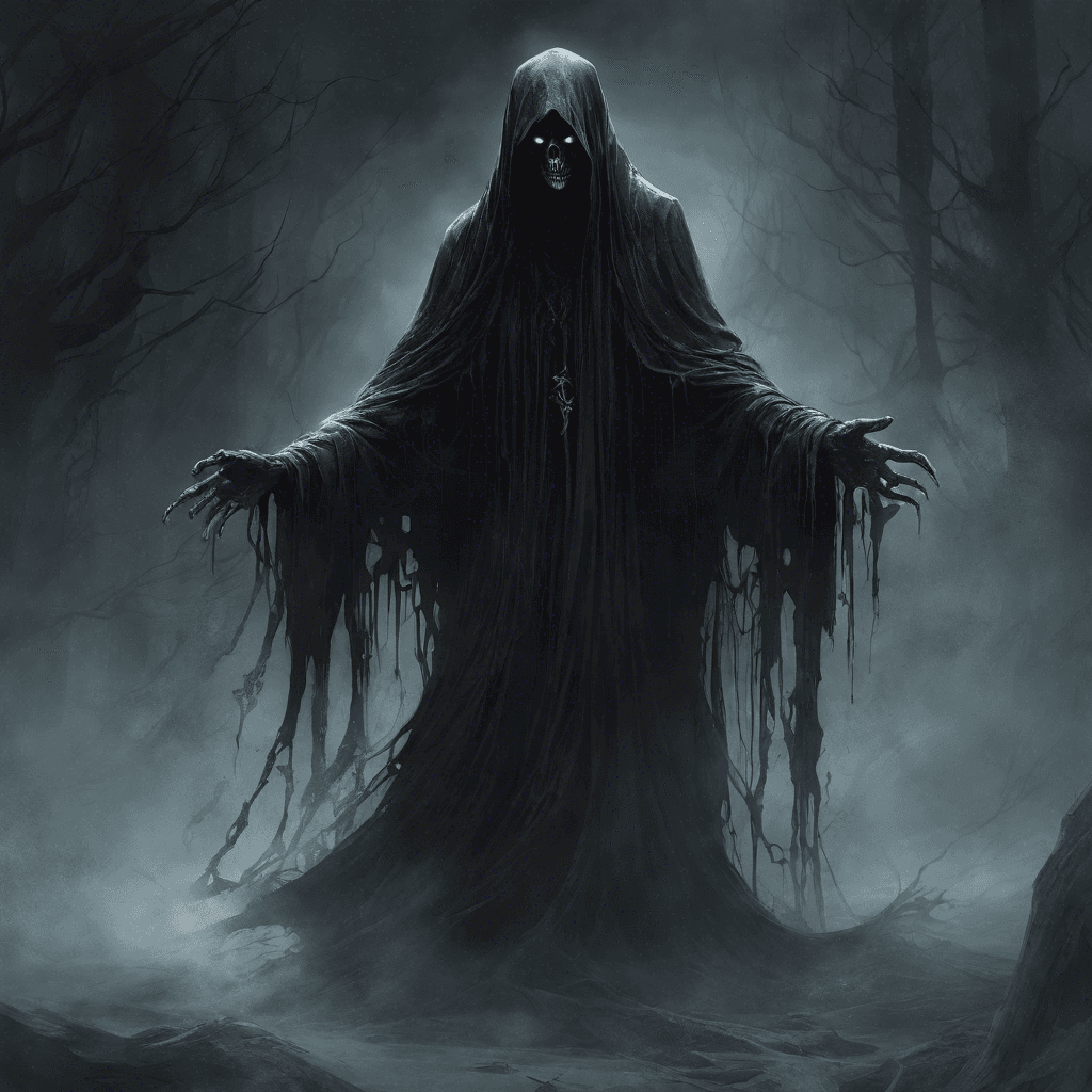 A tall, ethereal figure draped in tattered black robes, with no discernible features except for glowing, malevolent eyes. Wisps of cold mist swirl around its form, and the air grows even colder in its presence. The Wraith's haunting whispers echo through the halls, chilling you to the core.