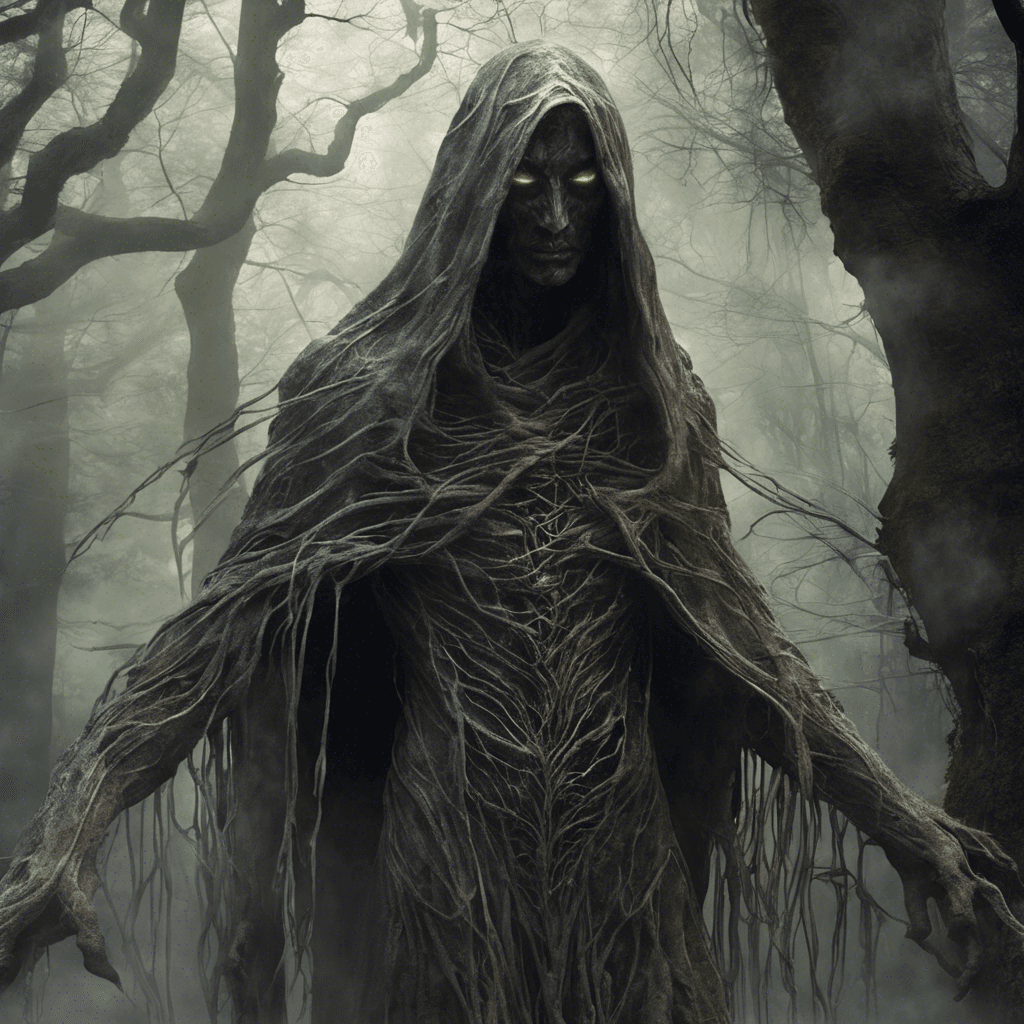 A spectral form wavered in the shadows of the ancient elven woods, its body ethereal, resembling a humanoid figure shrouded in tattered robes that seem to dissolve into smoky tendrils at their edges. Eyes like ghastly embers glare from within the hood, seeking to unbind the threads of destiny misused.