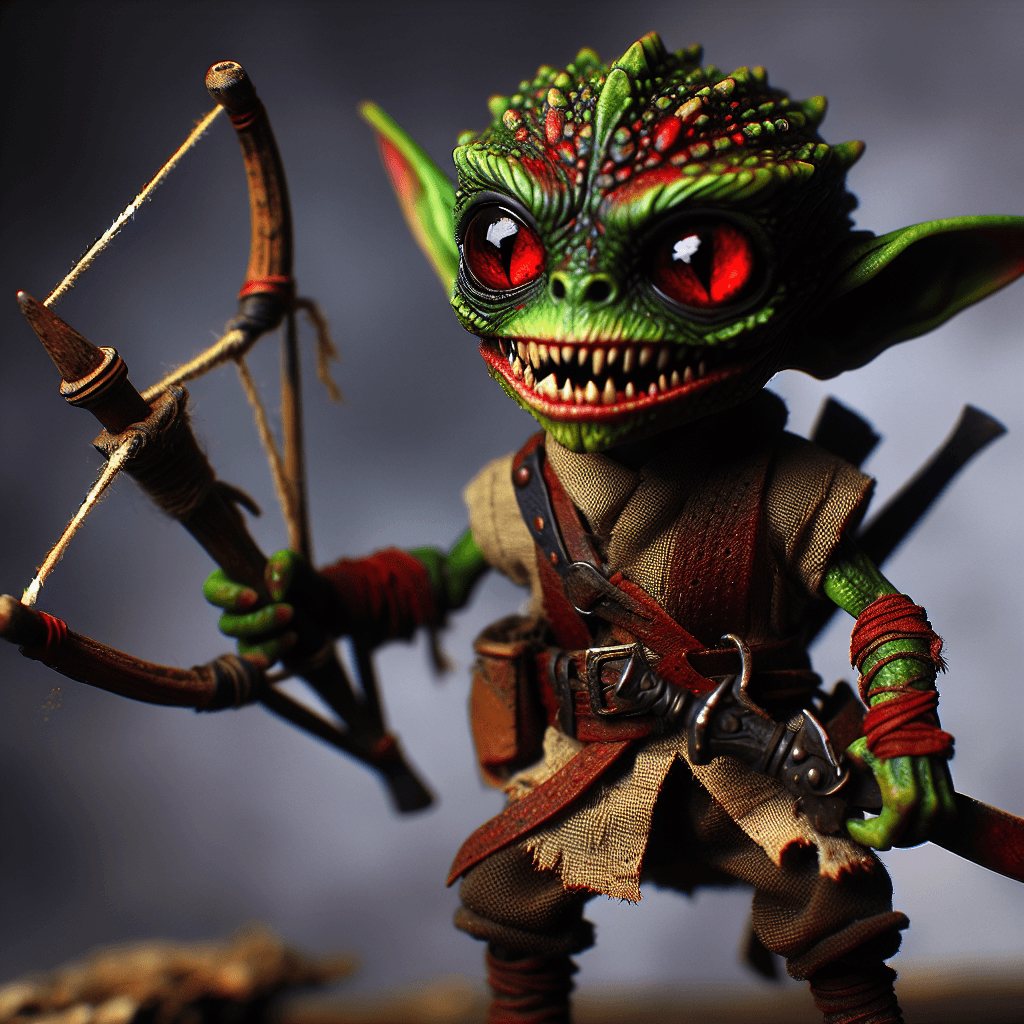 A small, green-skinned creature with beady red eyes, jagged teeth, and ragged leather armor. It wields a rusty dagger in one hand and a makeshift slingshot in the other.