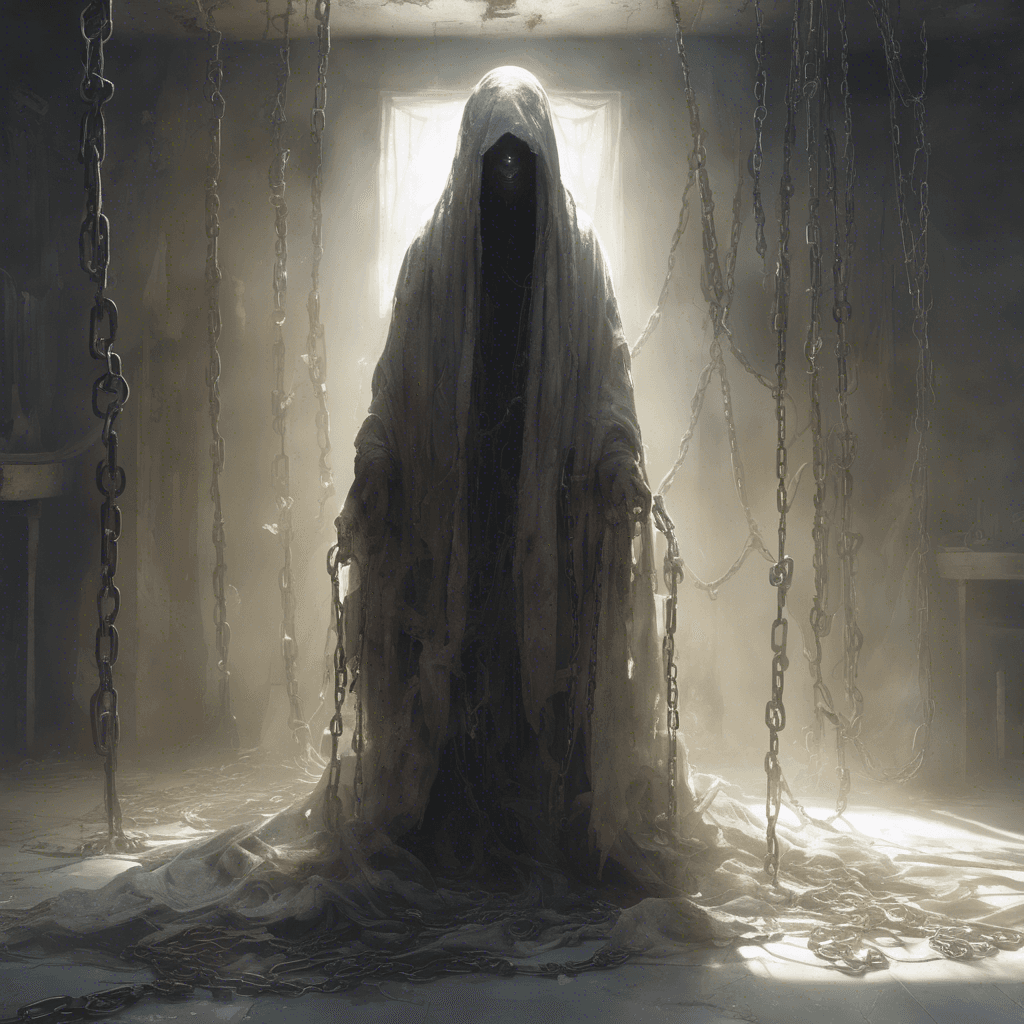 A translucent figure draped in tattered robes, its eyes emit a soft, baleful glow. Chains clank against the floor as it hovers, phasing in and out of visibility.