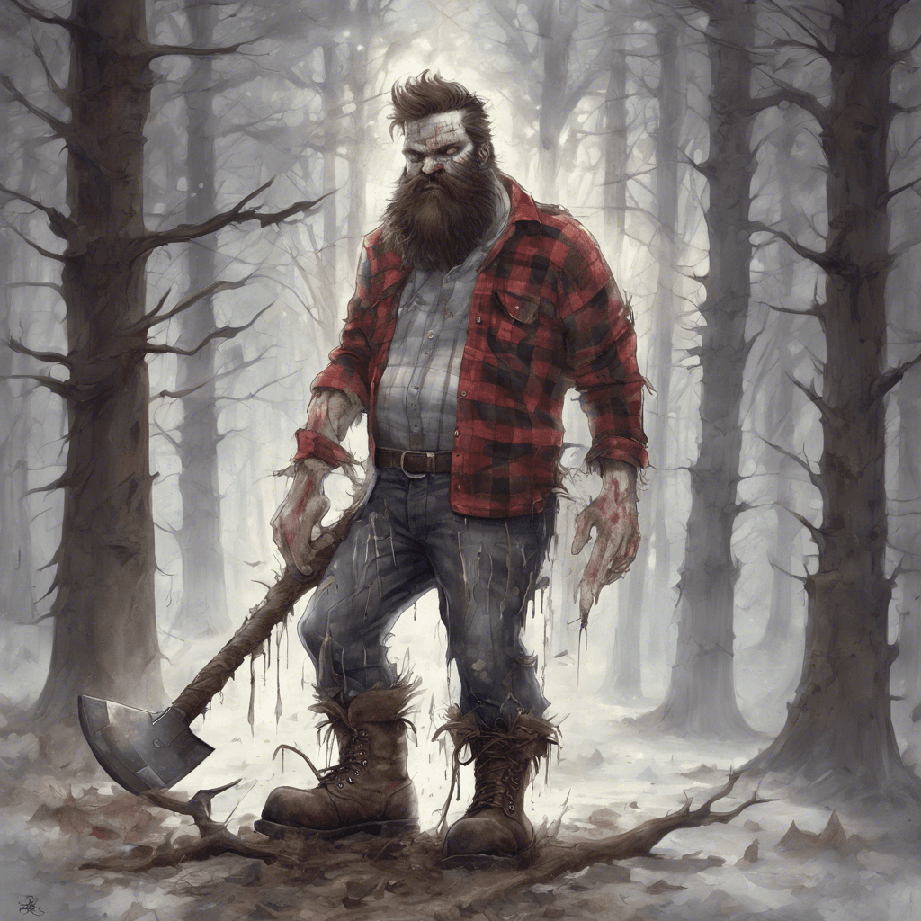 An apparition of a burly lumberjack with hollow, glowing eyes and an ethereal silver axe that seems to tear through the very fabric of reality. His translucent form is adorned with tattered remnants of what once was a checkered shirt and heavy work boots, doomed to eternally toil in the Sable Woods, cutting down ghostly trees.