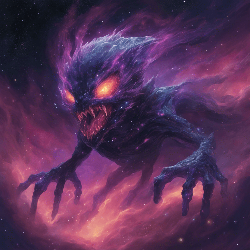 The Nebula Haunter is a cosmic entity shrouded in swirling mists of stardust and cosmic debris. Its form constantly shifts and warps, making it difficult to focus on. Glowing eyes gleam from within the nebulous mass, exuding a sense of otherworldly malevolence.