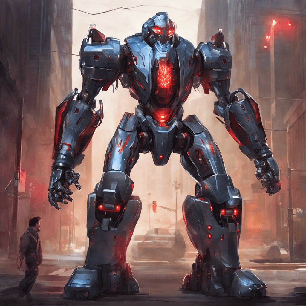 The Cyber Sentinel is a towering humanoid robot with sleek, metallic armor plating covering its entire body. Its eyes glow with a menacing red light as it scans its surroundings for potential threats. Large energy cannons are mounted on its shoulders, ready to unleash devastating attacks on any intruders.