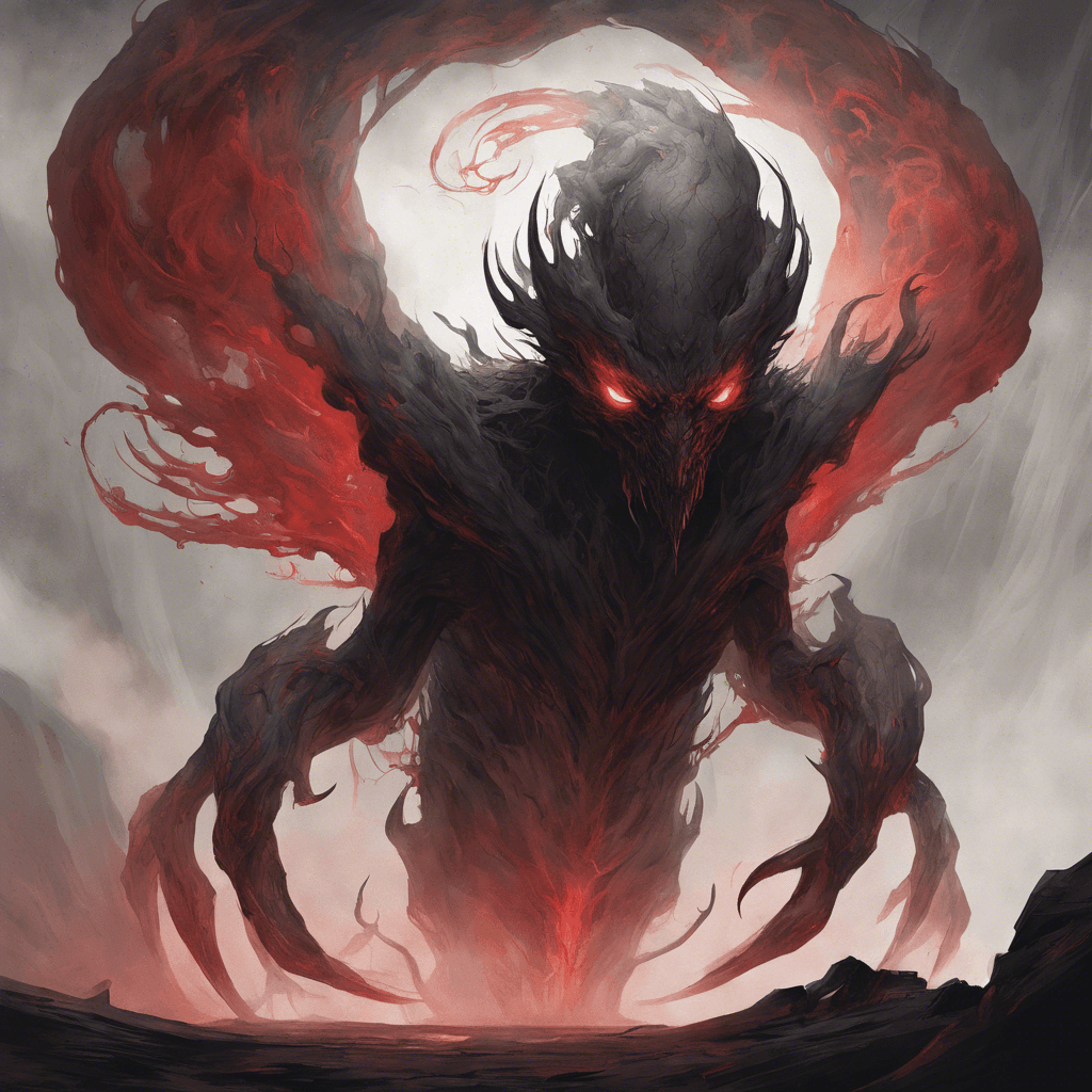 A towering figure shrouded in swirling darkness. Its eyes are two piercing spots of red light, and its body seems to be made of a shifting, smoke-like substance, with elongated arms ending in talon-like claws.