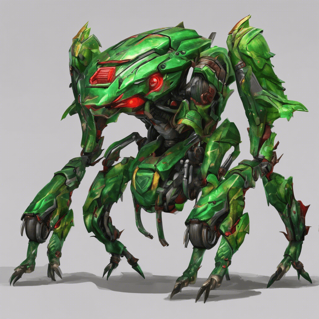 A mechanical beast, the Jungle Stalker is designed to blend into the lush foliage with its metallic green exoskeleton and razor-sharp appendages that glisten with a venomous sheen. Its four red, unblinking eyes scan for prey in all directions.