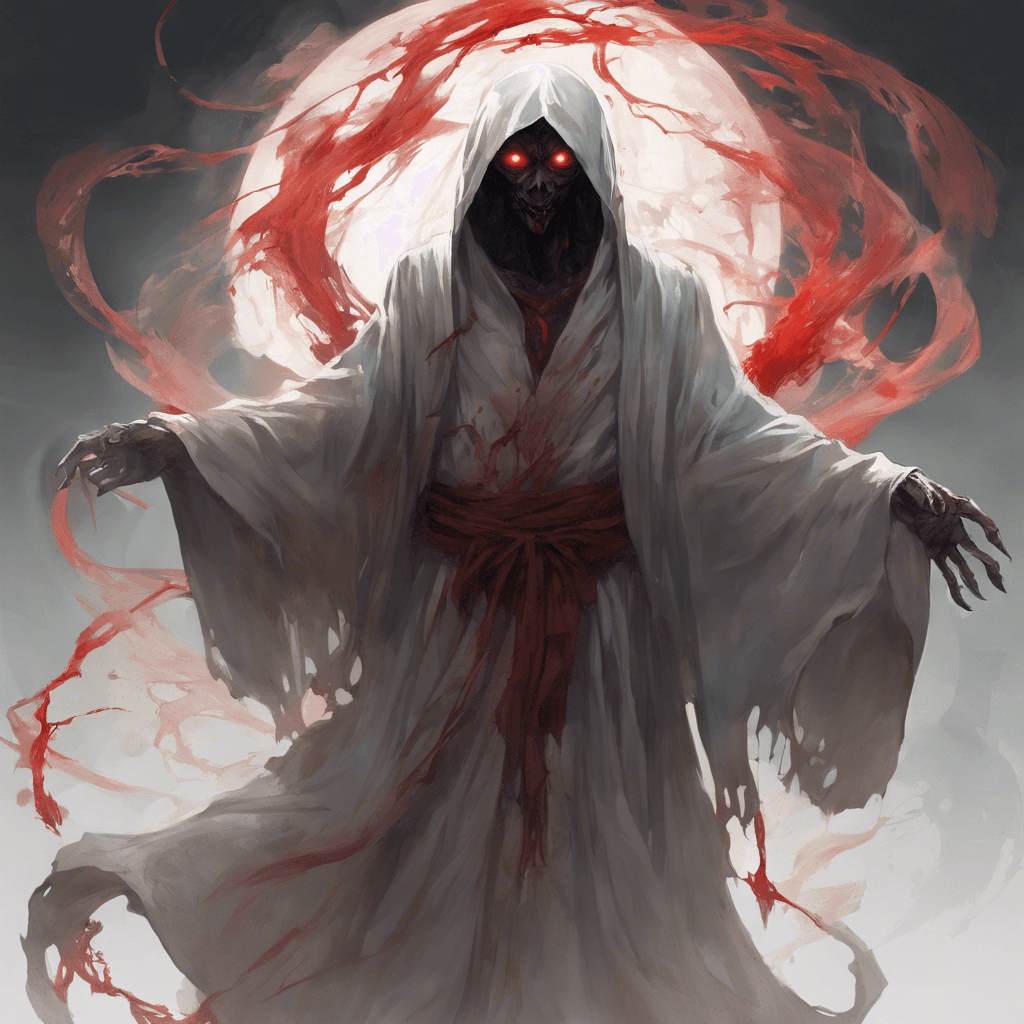 A transparent figure, with tattered robes drifting silently in the air. Its face is a hollow shadow with two gleaming, spiteful red eyes that stare hungrily at the living.