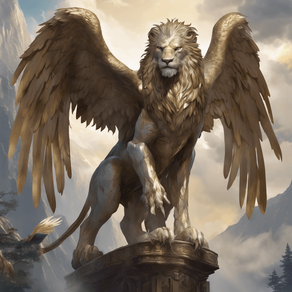 A large mythical creature with the body of a lion, talons of an eagle, and great wings folded behind. Its eyes shimmer with intelligence, and its feathers have a metallic sheen.