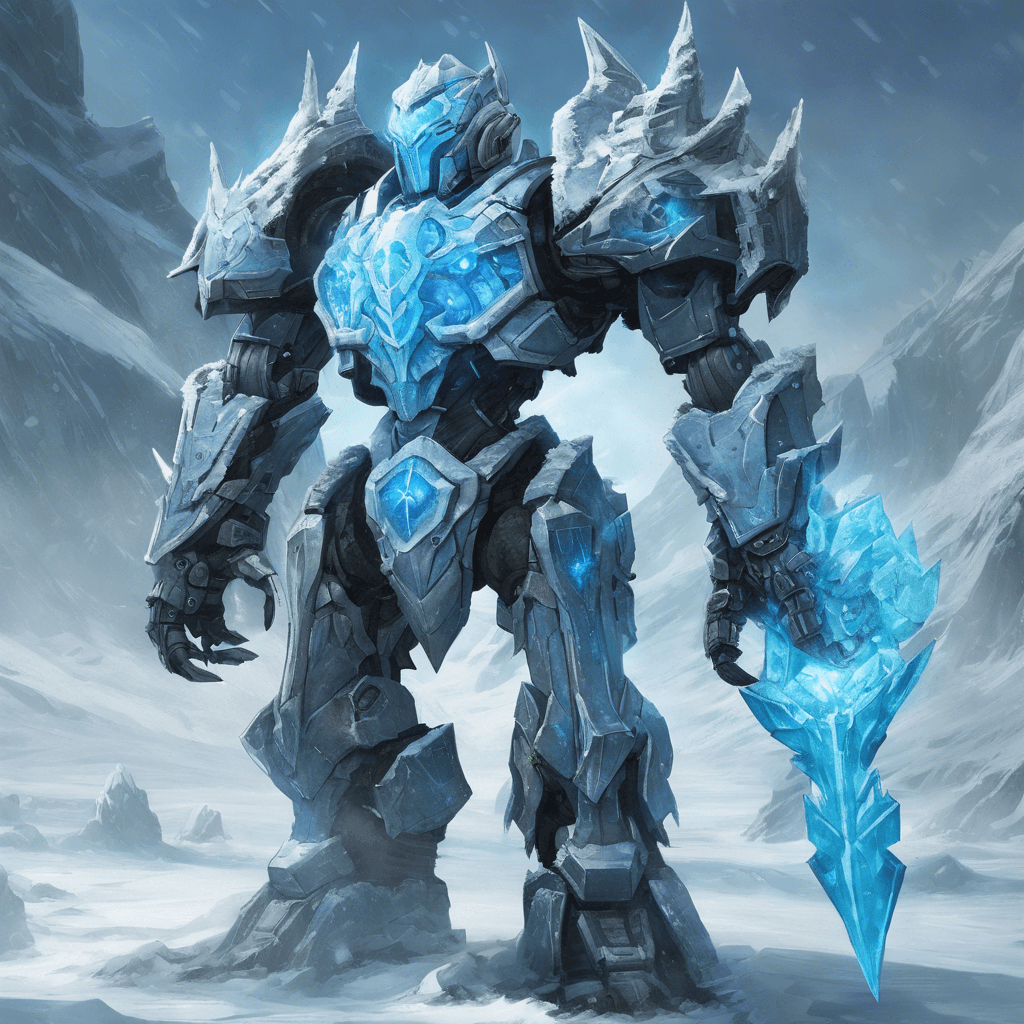 A towering mechanized warrior adorned in icy blue armor, with glowing frost runes etched along its body. The Frostbiter Mech emits a chilling aura that freezes the surrounding air, creating shards of ice with every step it takes.