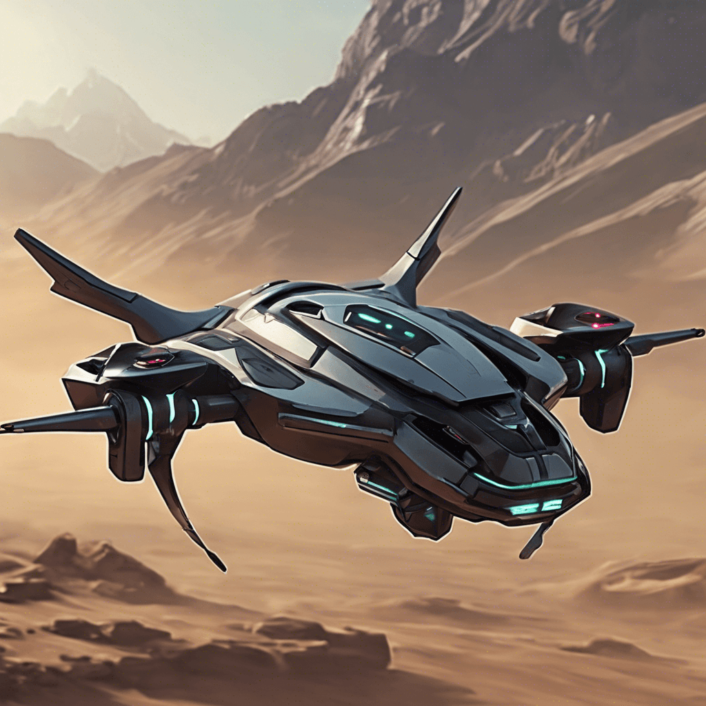 A sleek, hovering combat drone, with a metallic body gleaming under ambient light. It's equipped with blinking sensor arrays and a pair of pulse blasters affixed to its sides.