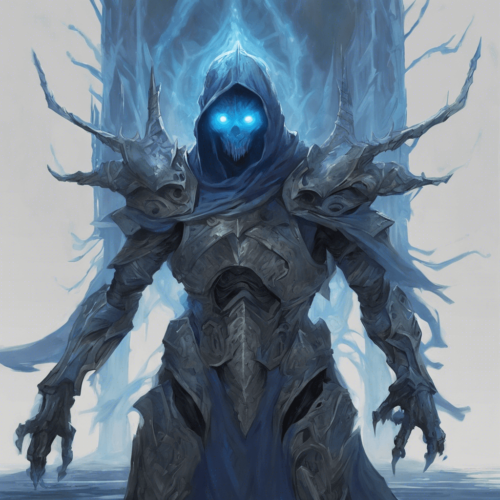 A spectral figure, armored and emanating an eerie blue light, its hollow eyes fixed in an eternal, vigilant stare.