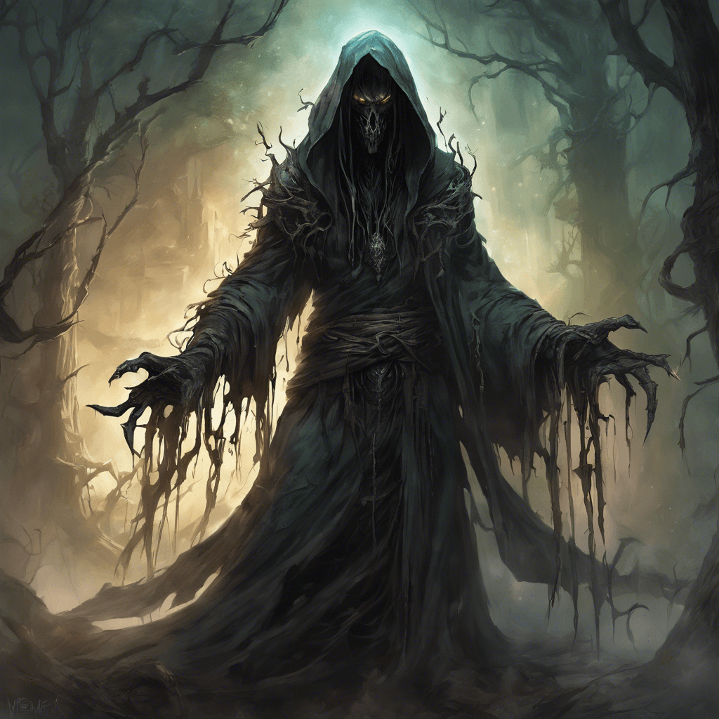 A towering figure cloaked in tattered robes, Mordak the Cursed's face is hidden in the shadow of a hood. In its hands, it wields a gnarled staff topped with an orb pulsating with dark energy. Vines of corruption seem to twist and grow around its feet, and as it moves, whispers of despair fill the air.