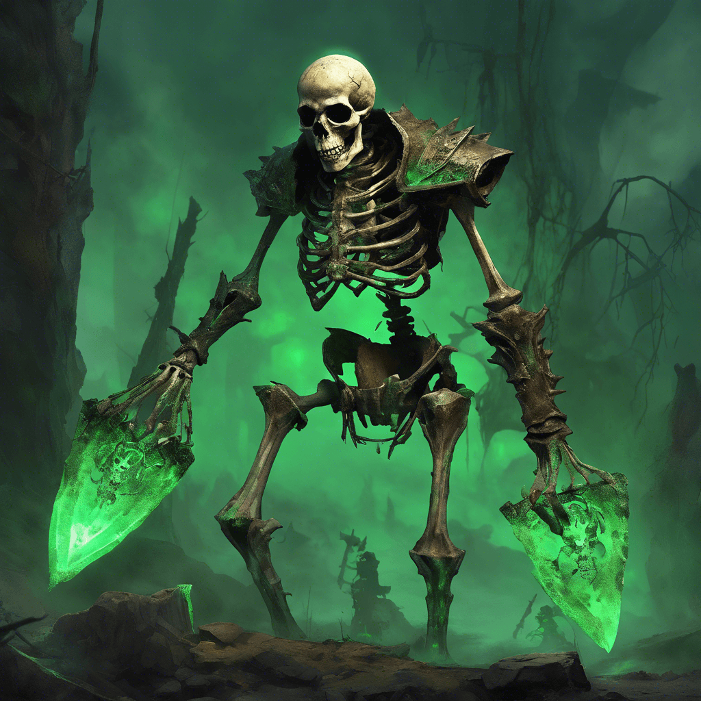 A towering skeleton clad in ancient, moldy armor, its eyesockets glow with a baleful green light. In its hands, it wields a large, rusted axe capable of cleaving the very soul from its victim. Around its skull, a faint spectral mist swirls, a remnant of the dark magic that animates its bones.