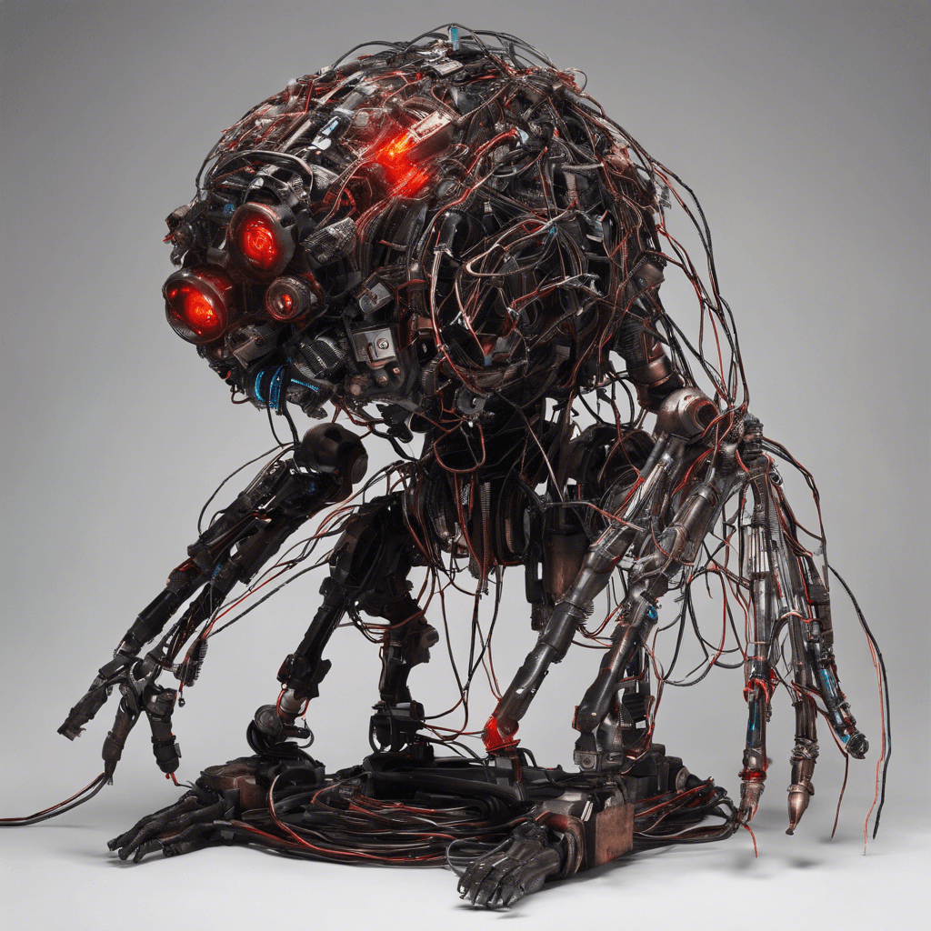 A towering amalgam of scrap metal and pulsating circuitry, The Technovore has glowing red eyes and a nest of wires that simulate dreadlocks. Its body is armored with haphazardly welded plates, and its hands are arrays of tools and protruding cables, ending in various hacking devices and energy weapons.