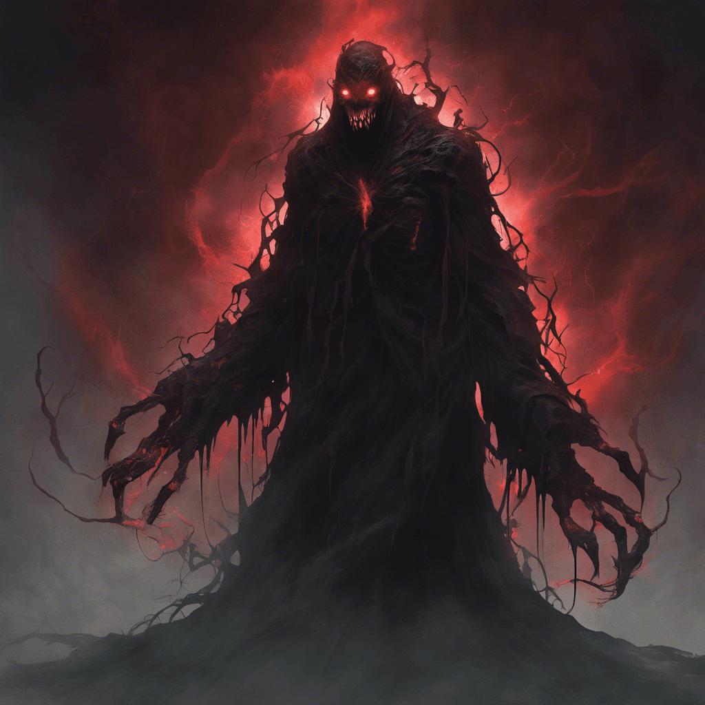 A hulking creature shrouded in tattered robes, its glowing red eyes pierce through the dark. Wisps of dark mist emanate from its form, whispering of death and decay. Shadowy tendrils float around it, ready to strike.