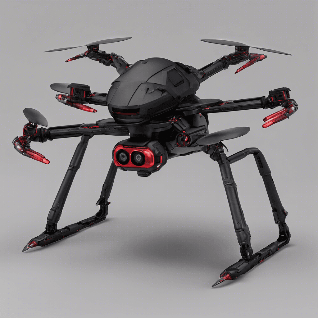 A sleek, hovering drone equipped with a matte black exoskeleton and red scanning lights for eyes. It has arms with built-in automatic weapons and is adorned with various sensors and antennae.