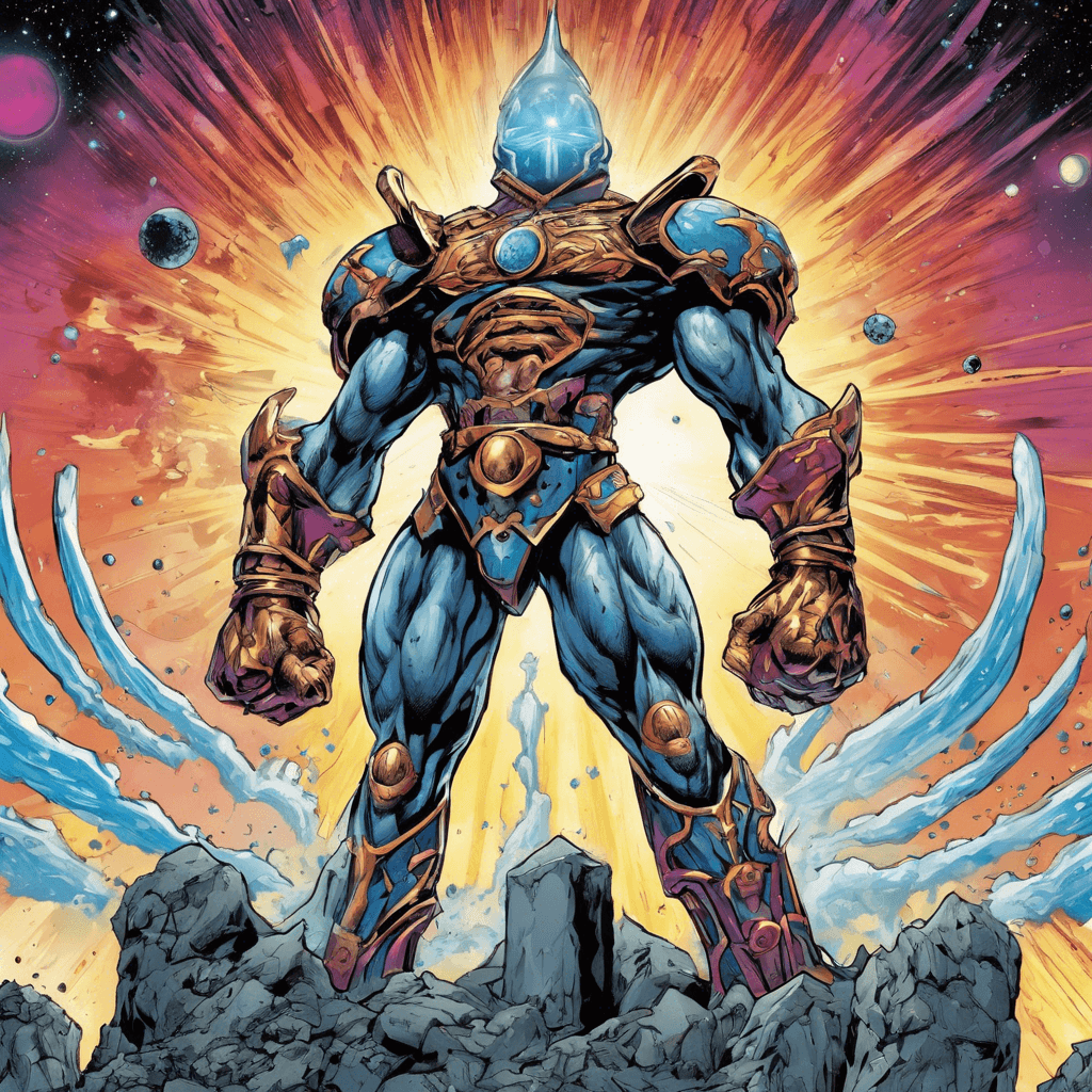 The Cosmic Crusher is a towering figure clad in celestial armor, with pulsating energy emanating from every inch of its body. Its eyes glow with the power of a supernova, and its fists can unleash devastating cosmic energy blasts that can level buildings.