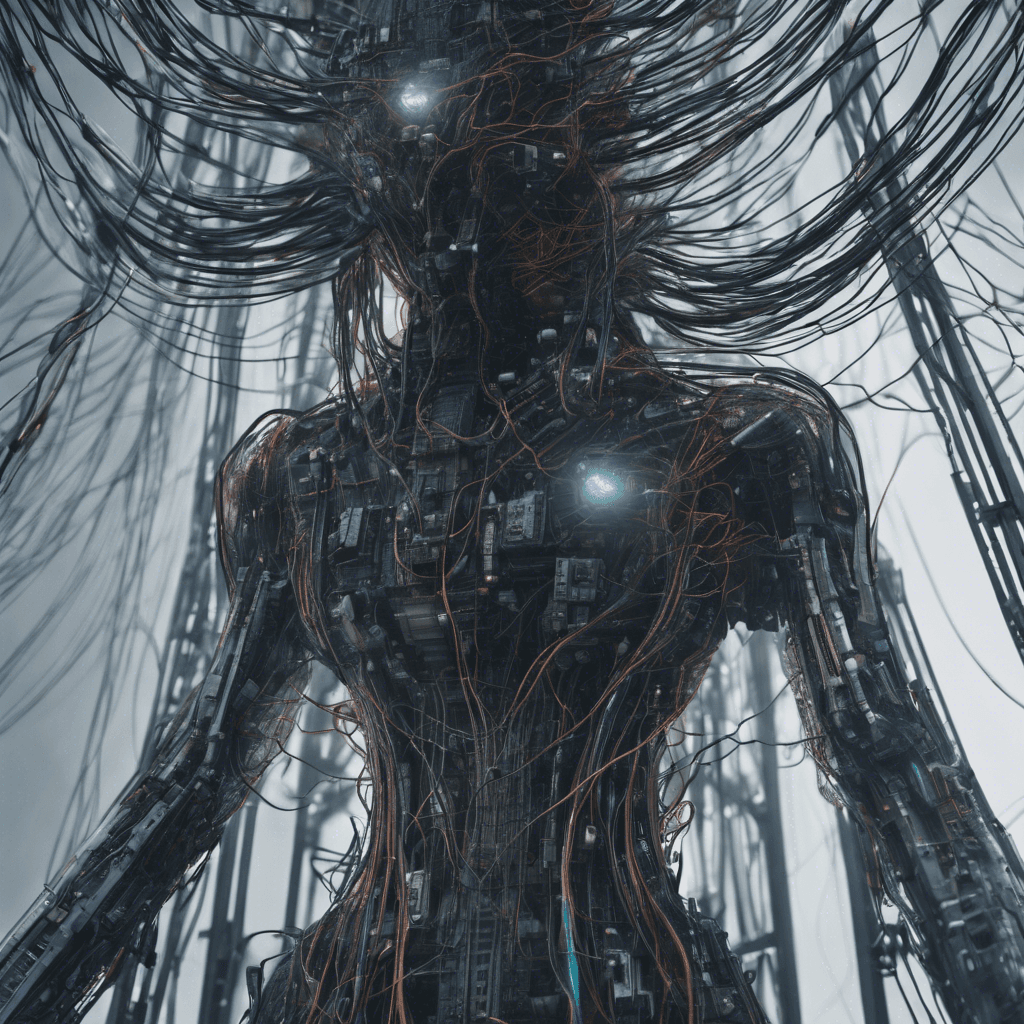 A towering presence surrounded by a haze of static interference, with flickering cables and wires protruding from its form. Its eyes are screens displaying code, endlessly scrolling. Cybernetic limbs end in dangerously sharp connectors and data spikes.