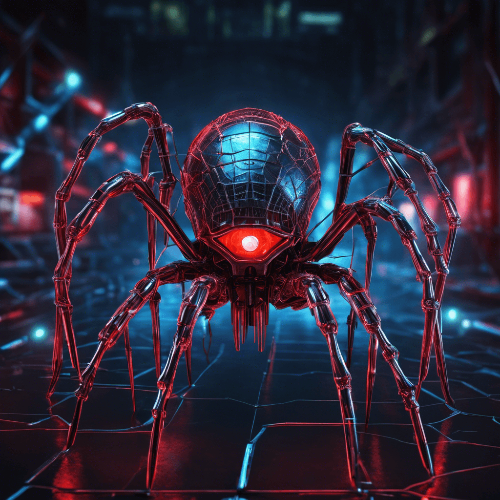 A menacing, cybernetic spider with numerous glistening wires and neon lights running across its metal frame, showcasing menacing red eyes that scan the surroundings. It exudes a sense of deadly precision and is equipped with advanced hacking modules.