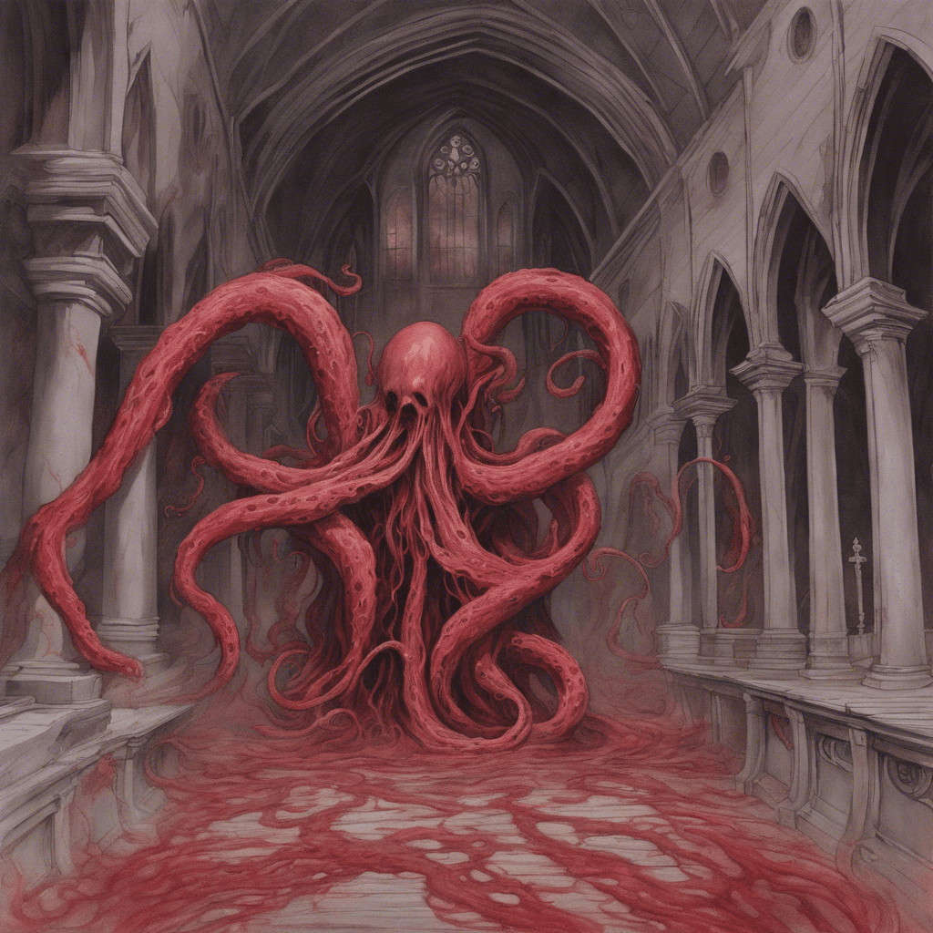 A swirling, nebulous entity composed of thick, crimson mist. It has writhing, semi-transparent tentacles that drip with acidic, blood-like substance, capable of sizzling and corroding the wooden floor and pews of the church upon contact. Its form is ever-shifting, lacking a discernible face or body, yet the powerful appendages are more than enough to evoke terror.