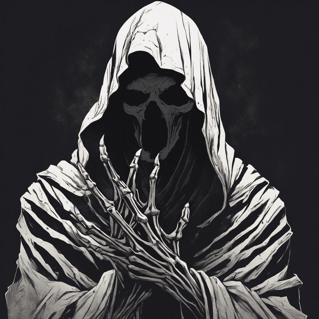 A shadowy figure draped in tattered robes, its face a void of darkness beneath a hood, with long, skeletal fingers that reach out hungrily.