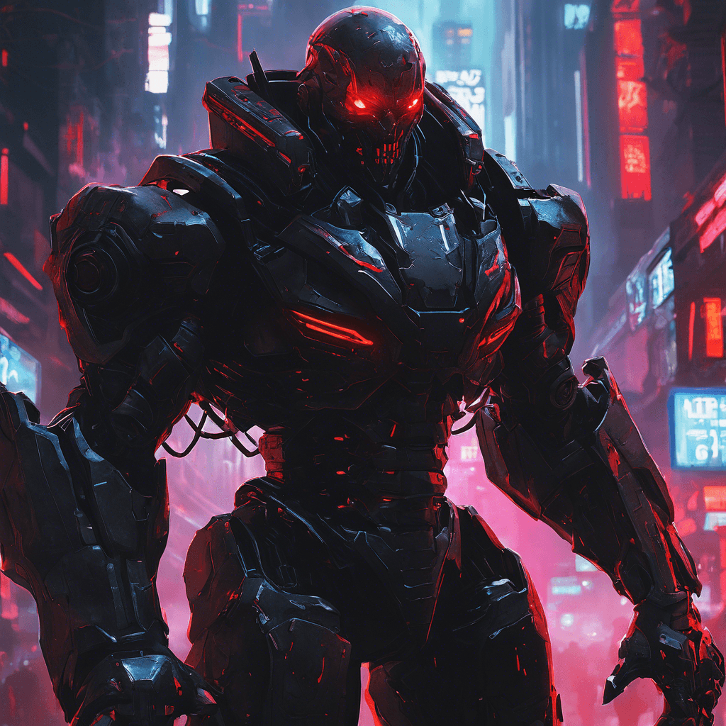 The Cybernetic Enforcer is a towering humanoid machine covered in sleek black armor, with glowing red eyes that pierce through the darkness of the neon city. Its limbs are adorned with deadly weapons, ready to strike against any who dare to challenge it.